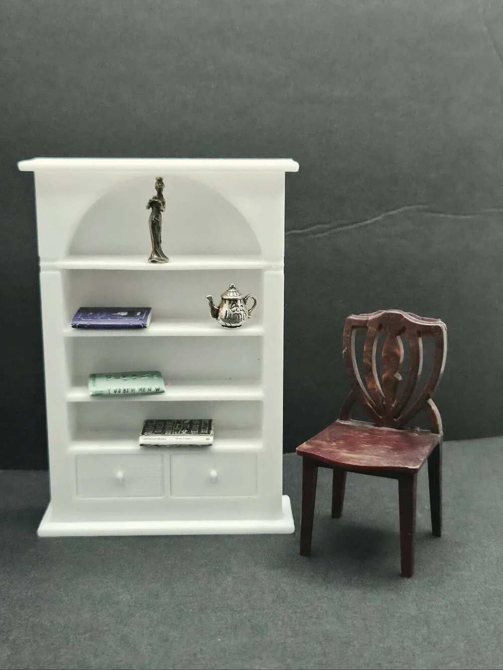 Miniature plastic bookcase & chair set with accessories + free mystery bag